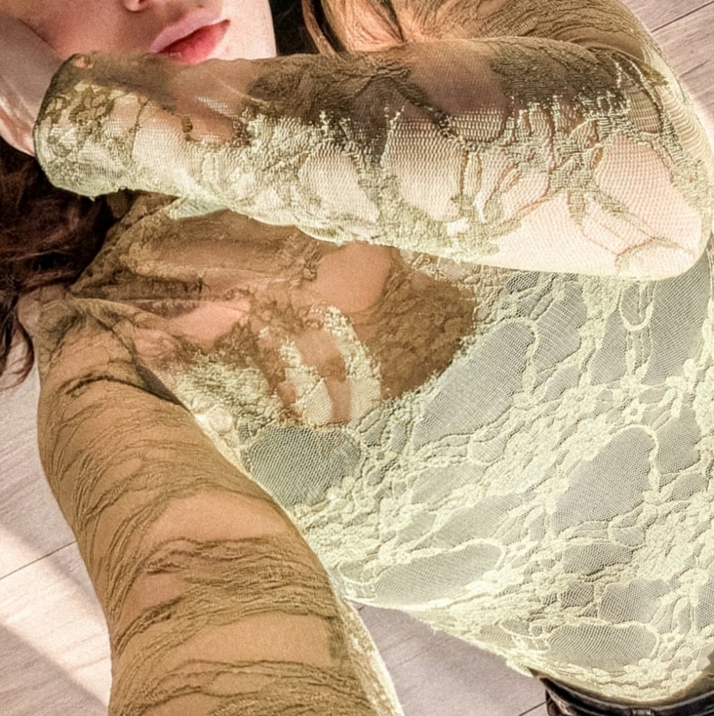 SHEIN Olive Green Sheer Lace Long Sleeve Top